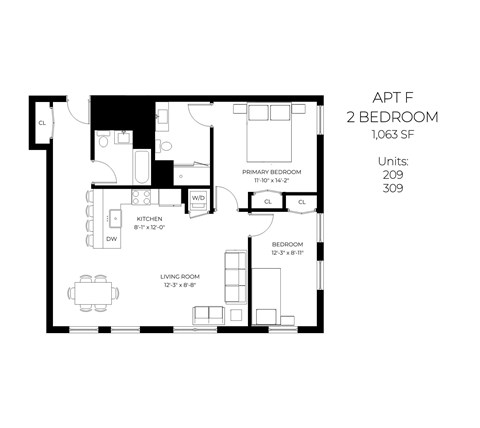 Floor plan for 2 beds, 2 baths, 1063 sqft